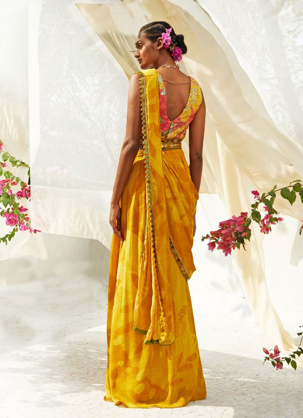 Yellow Abstract Printed And Pre - Draped Chiffon Saree Basil Leaf - Fabilicious Fashion