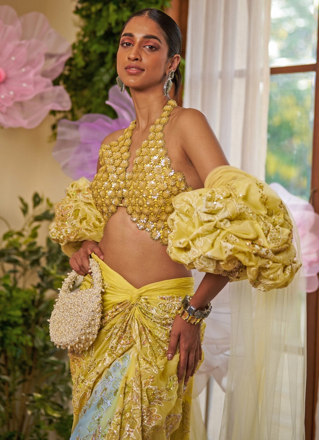 Yellow And Aqua Blue Ombre Embroidered Draped Skirt Set Moledro - Fabilicious Fashion