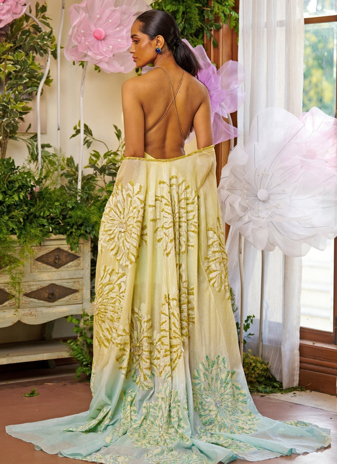 Yellow And Aqua Blue Ombre Sequin Embroidered Kaftan Moledro - Fabilicious Fashion
