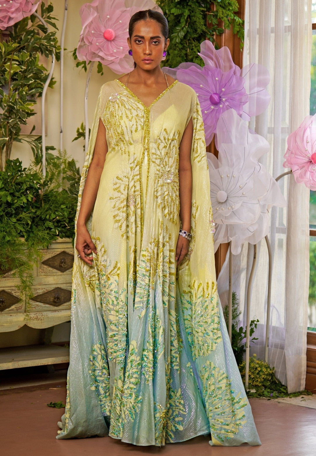 Yellow And Aqua Blue Ombre Sequin Embroidered Kaftan Moledro - Fabilicious Fashion