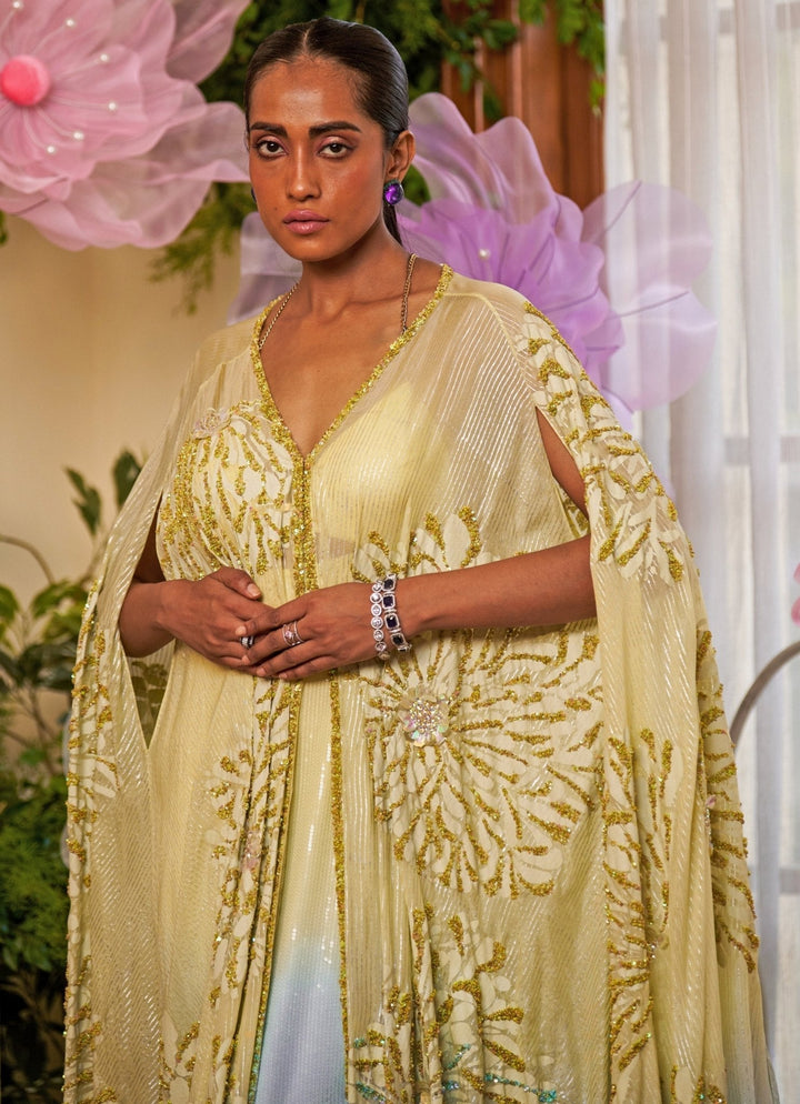 Yellow And Aqua Blue Ombre Sequin Embroidered Kaftan Moledro - Fabilicious Fashion
