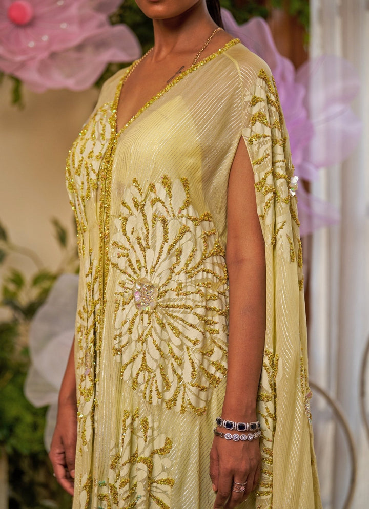Yellow And Aqua Blue Ombre Sequin Embroidered Kaftan Moledro - Fabilicious Fashion
