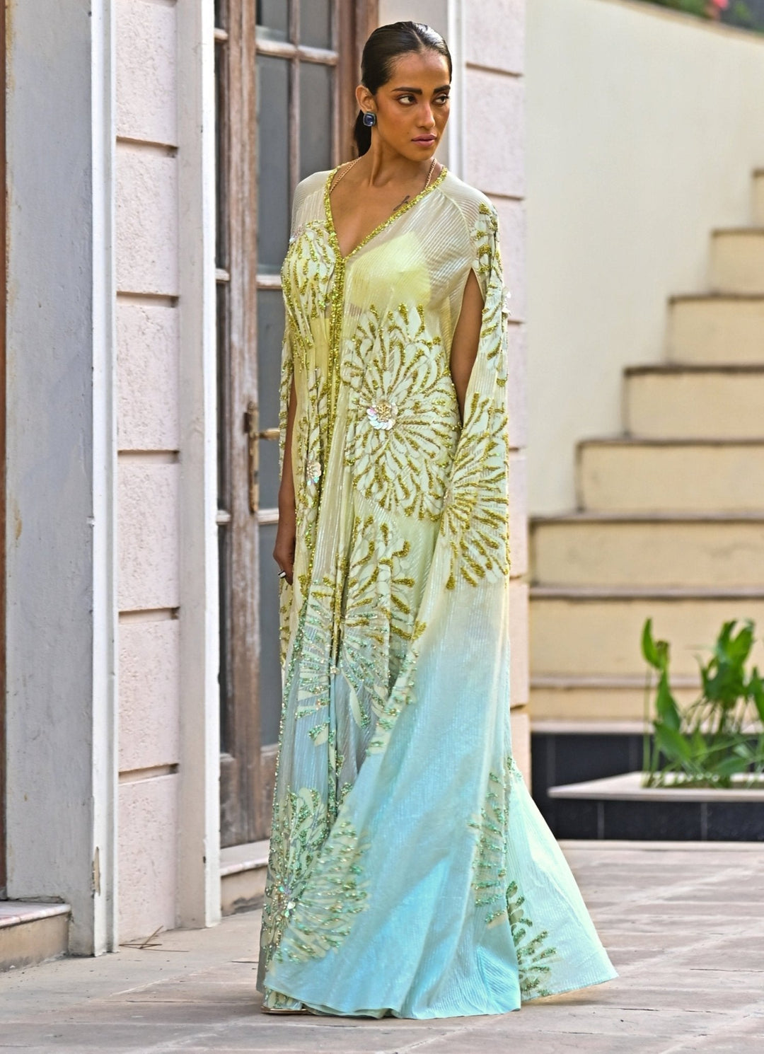 Yellow And Aqua Blue Ombre Sequin Embroidered Kaftan Moledro - Fabilicious Fashion