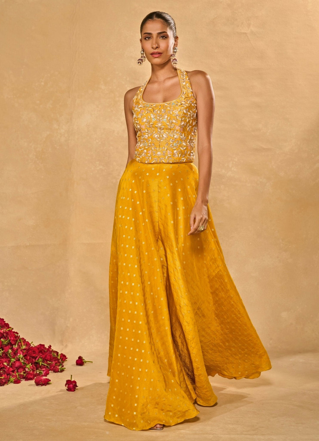 Yellow And Blue Jamewar Pants Set With Corset Chamee and Palak - Fabilicious Fashion