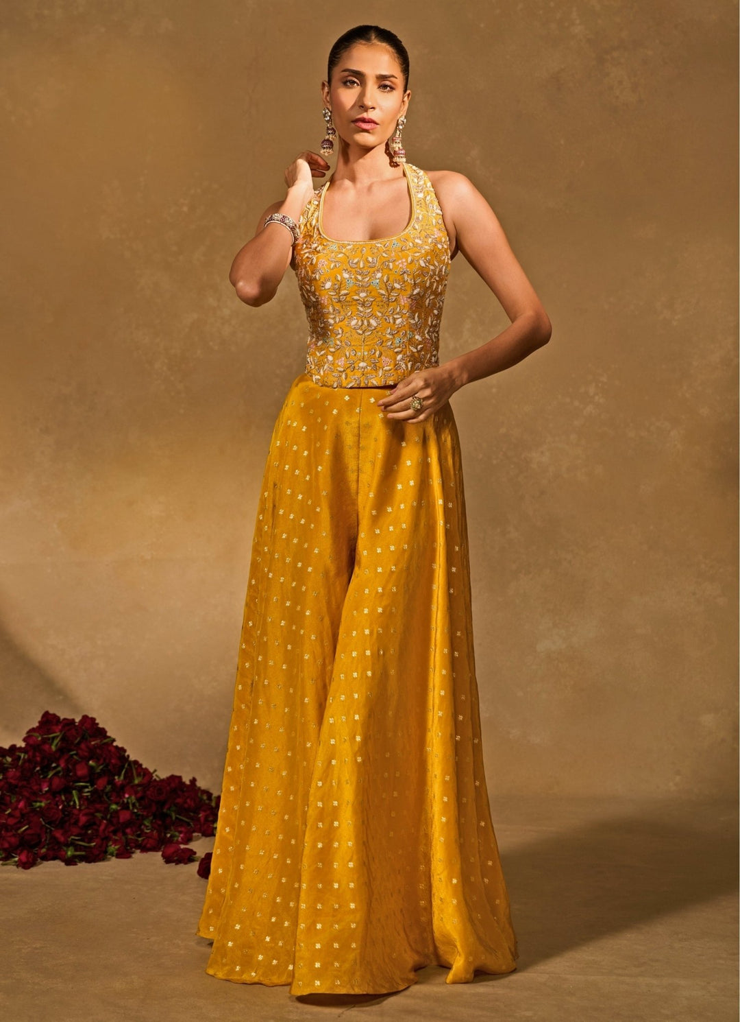 Yellow And Blue Jamewar Pants Set With Corset Chamee and Palak - Fabilicious Fashion