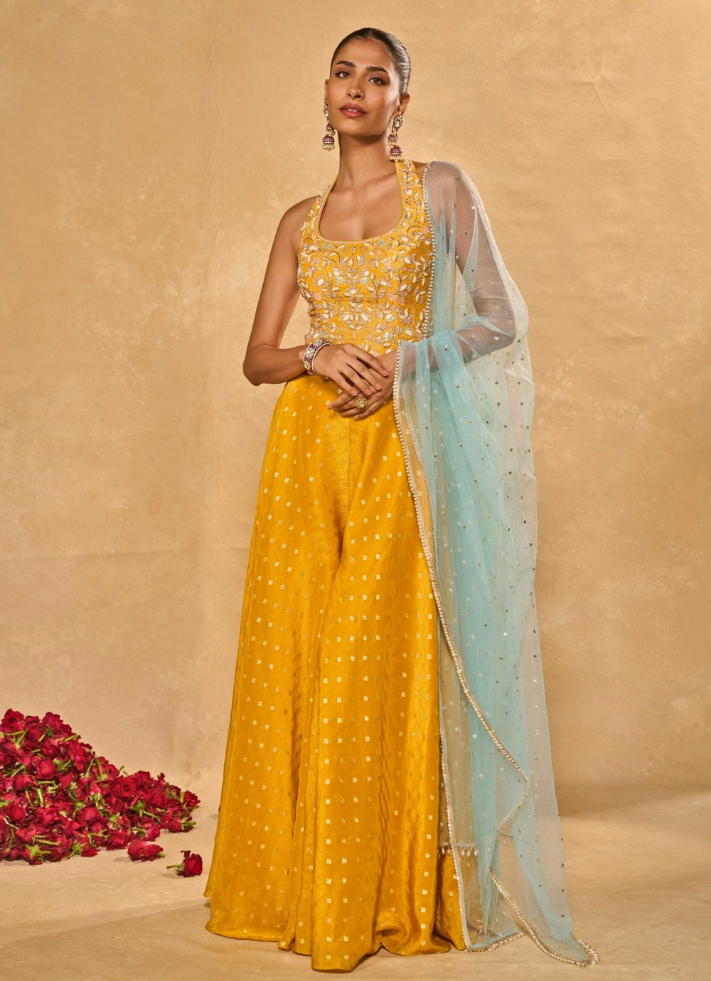 Yellow And Blue Jamewar Pants Set With Corset Chamee and Palak - Fabilicious Fashion