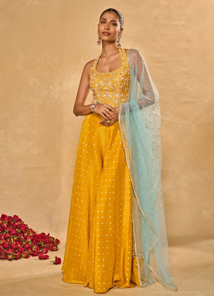 Yellow And Blue Jamewar Pants Set With Corset Chamee and Palak - Fabilicious Fashion