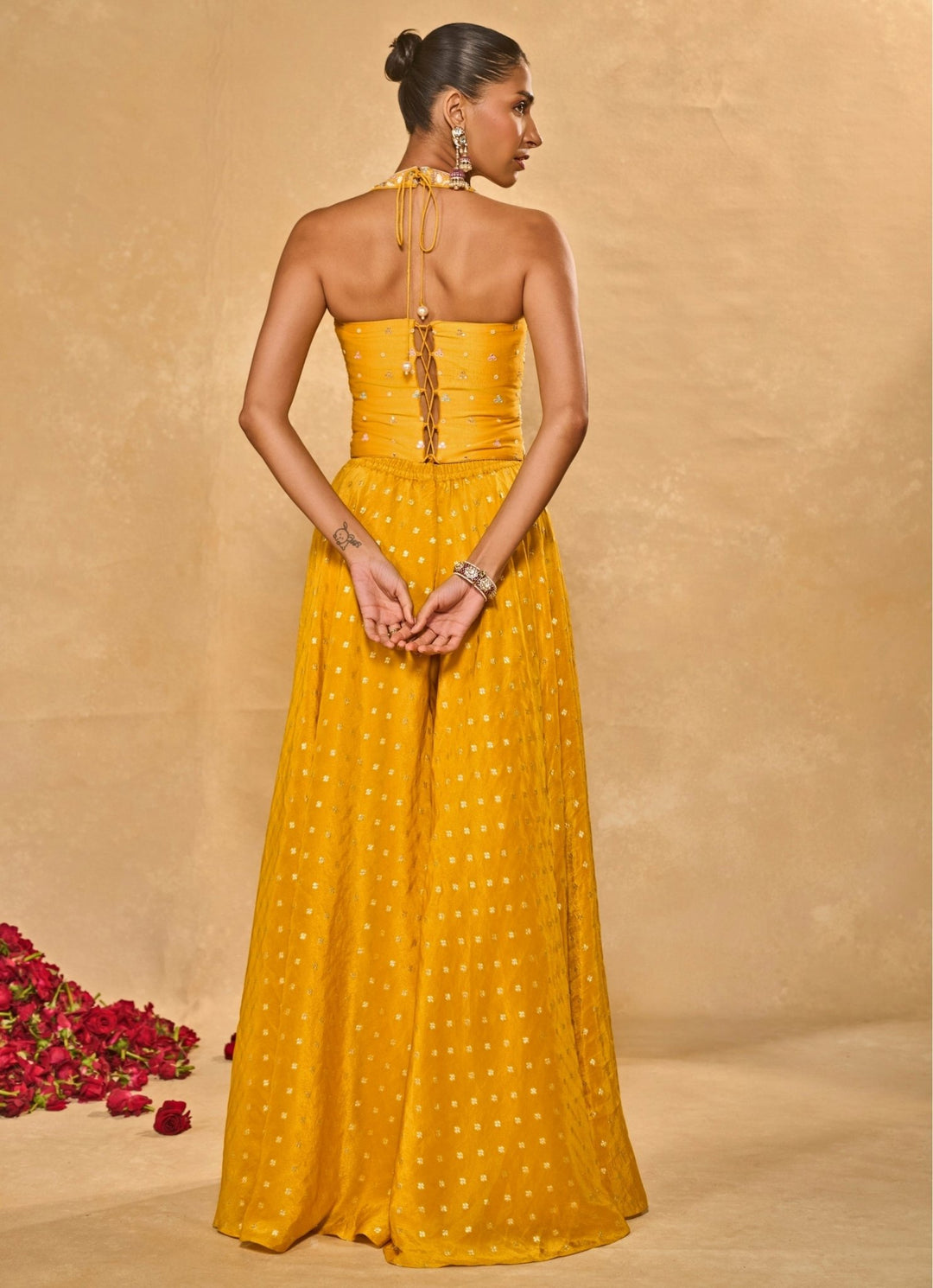 Yellow And Blue Jamewar Pants Set With Corset Chamee and Palak - Fabilicious Fashion