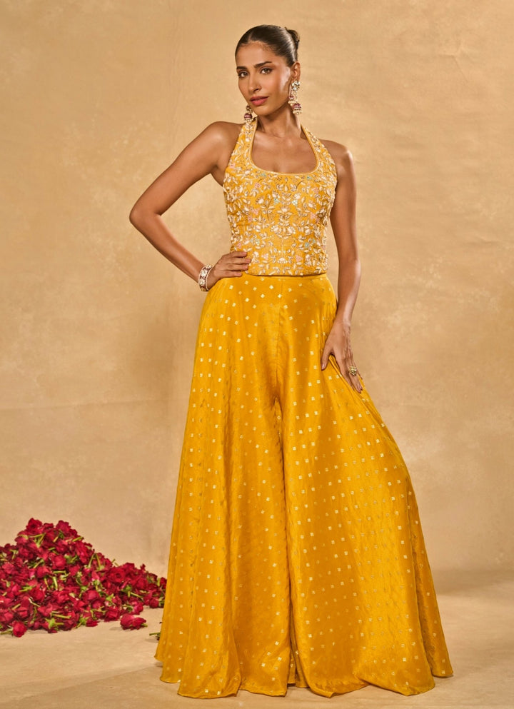 Yellow And Blue Jamewar Pants Set With Corset Chamee and Palak - Fabilicious Fashion