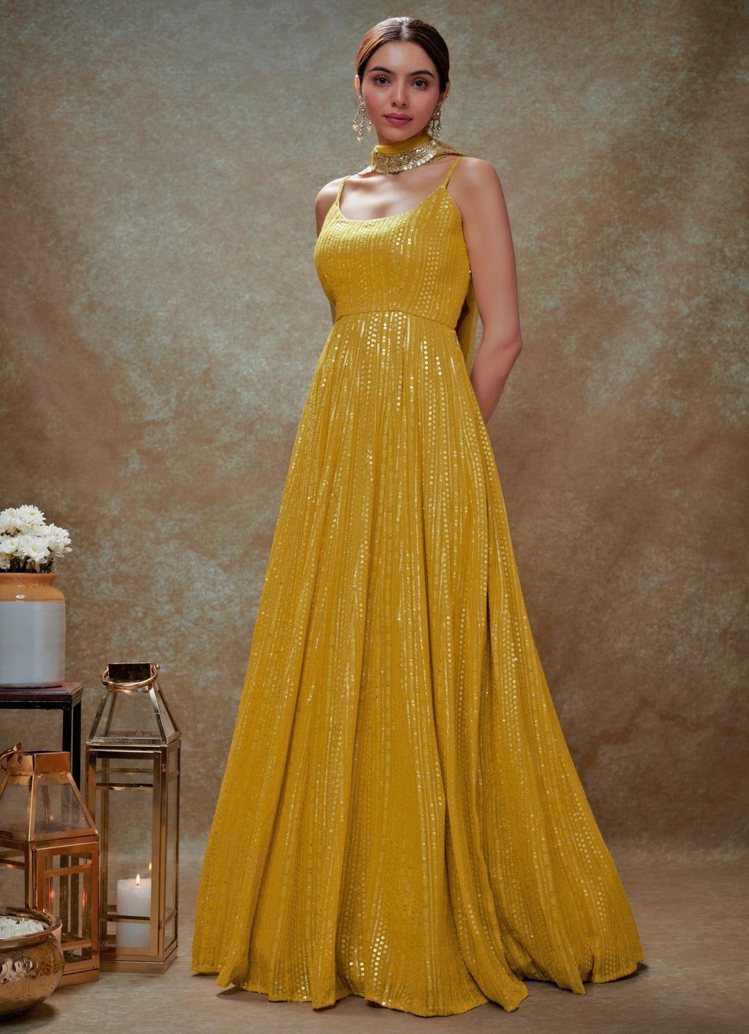 Yellow and Gold Sequin Embroidered Anarkali Gown Renee Label - Fabilicious Fashion