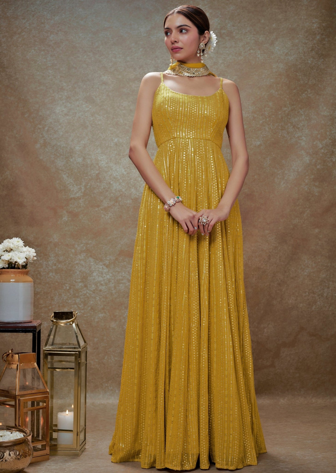 Yellow and Gold Sequin Embroidered Anarkali Gown Renee Label - Fabilicious Fashion