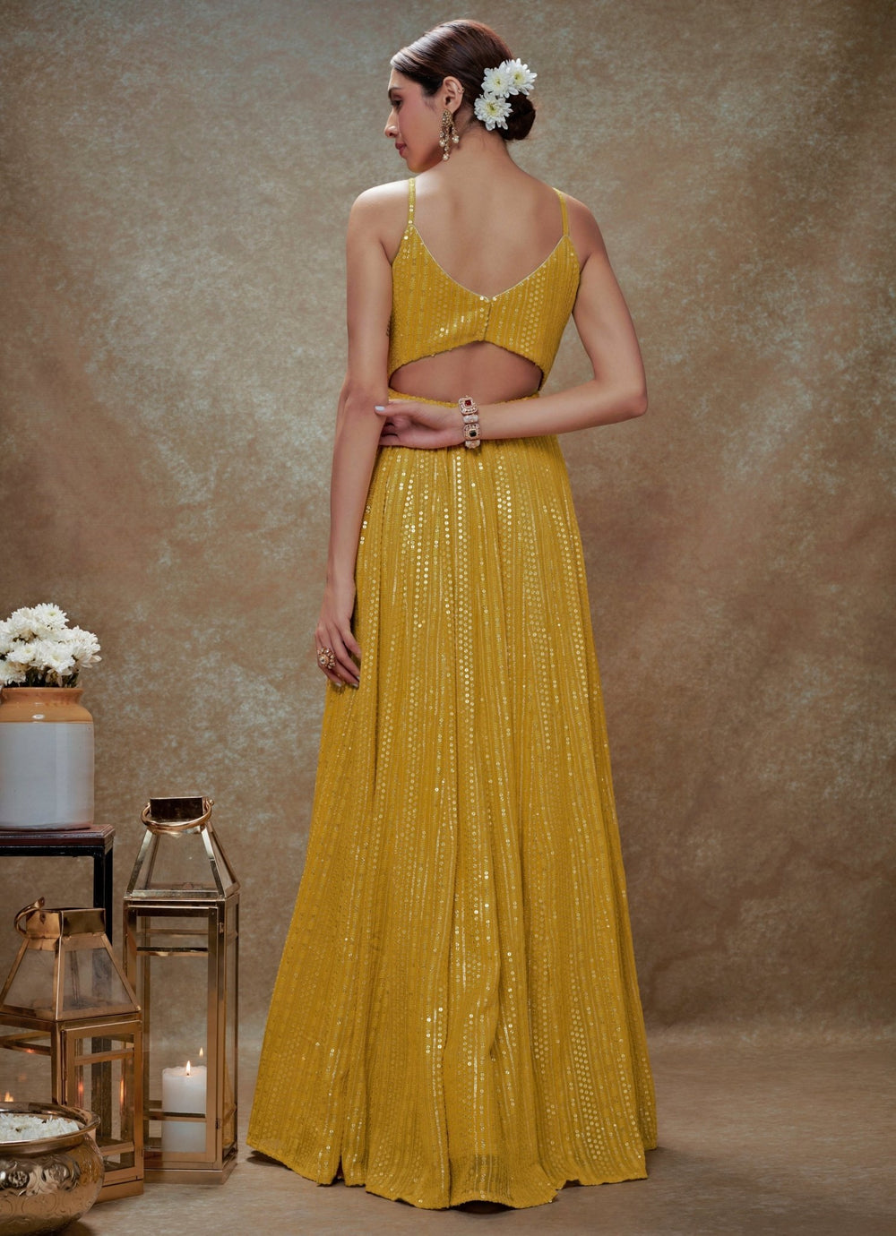 Yellow and Gold Sequin Embroidered Anarkali Gown Renee Label - Fabilicious Fashion