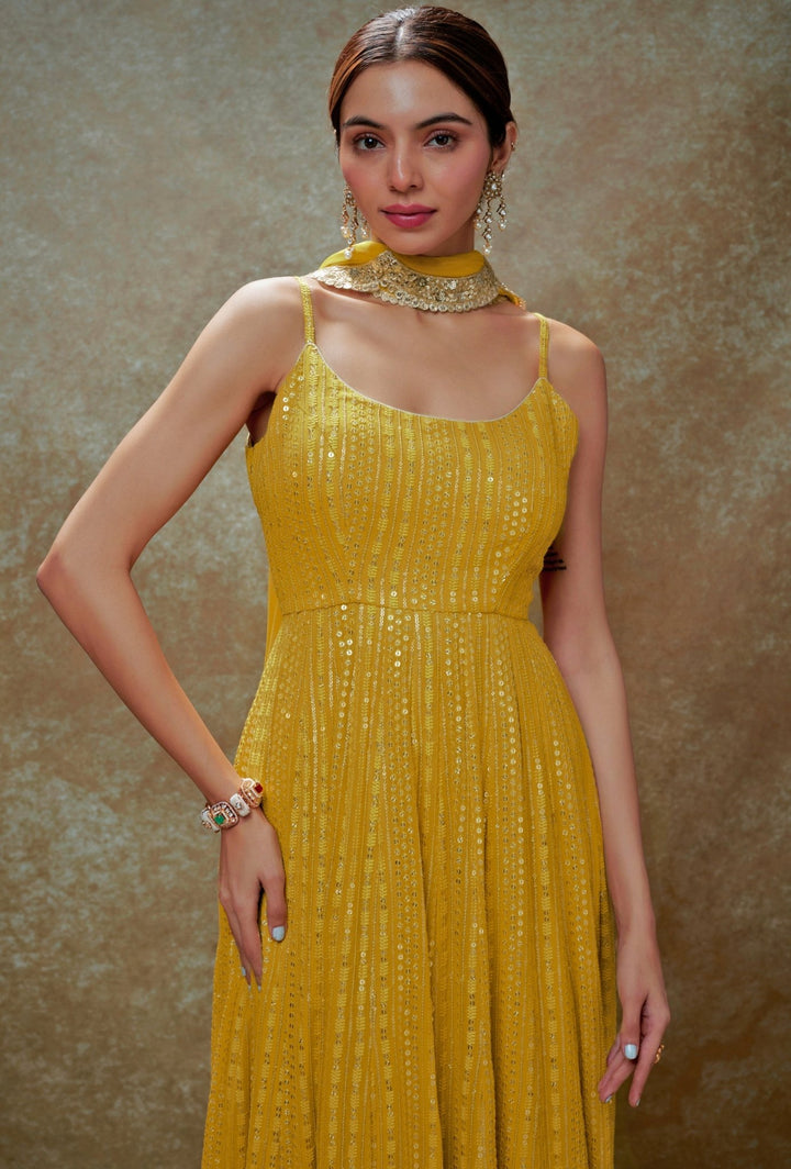 Yellow and Gold Sequin Embroidered Anarkali Gown Renee Label - Fabilicious Fashion