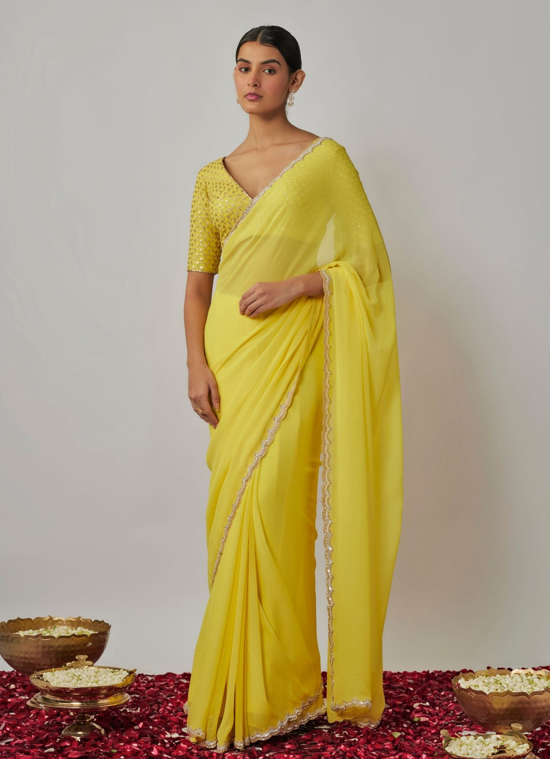 Yellow And Gold Sequin Embroidered Georgette Saree Set Renee Label - Fabilicious Fashion