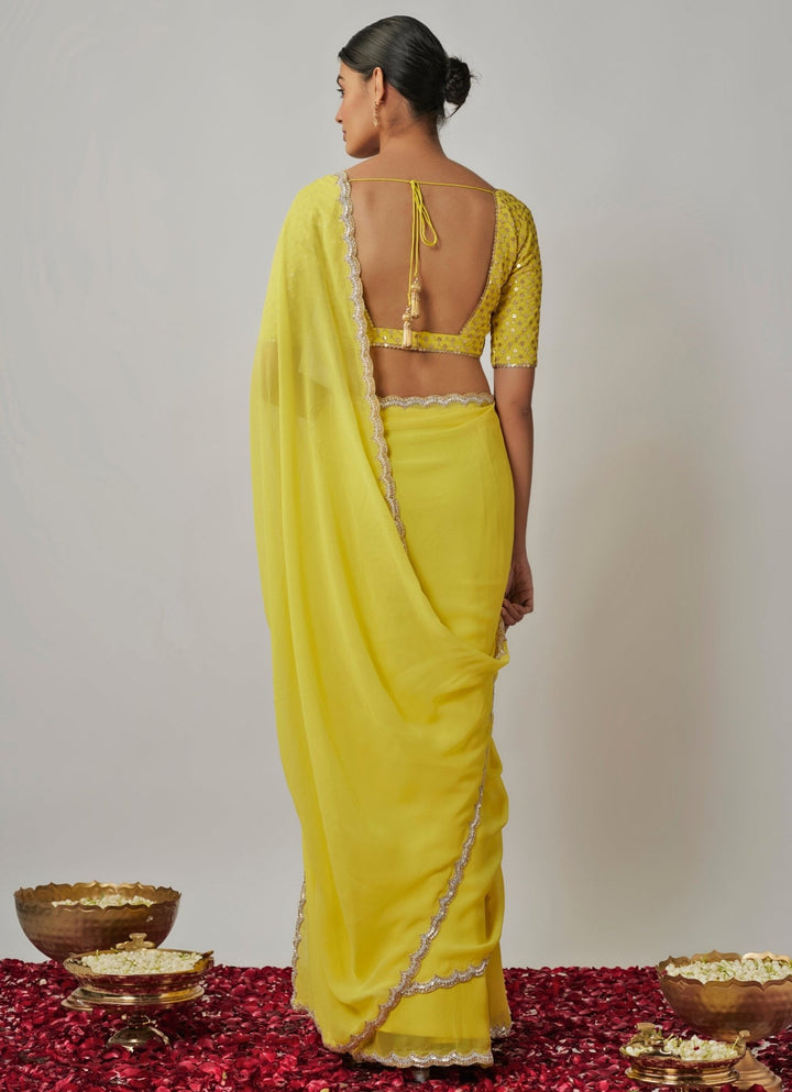 Yellow And Gold Sequin Embroidered Georgette Saree Set Renee Label - Fabilicious Fashion