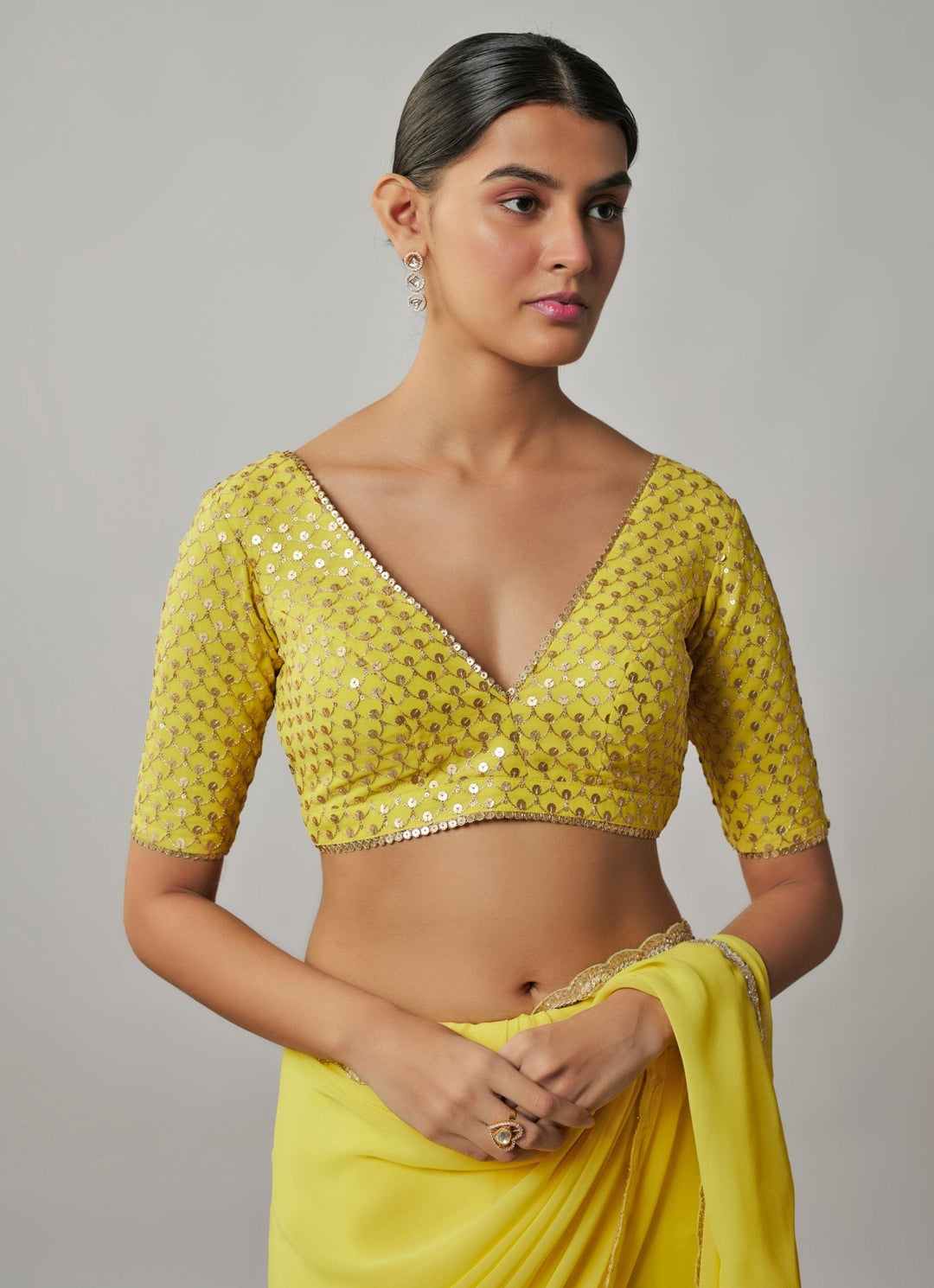 Yellow And Gold Sequin Embroidered Georgette Saree Set Renee Label - Fabilicious Fashion