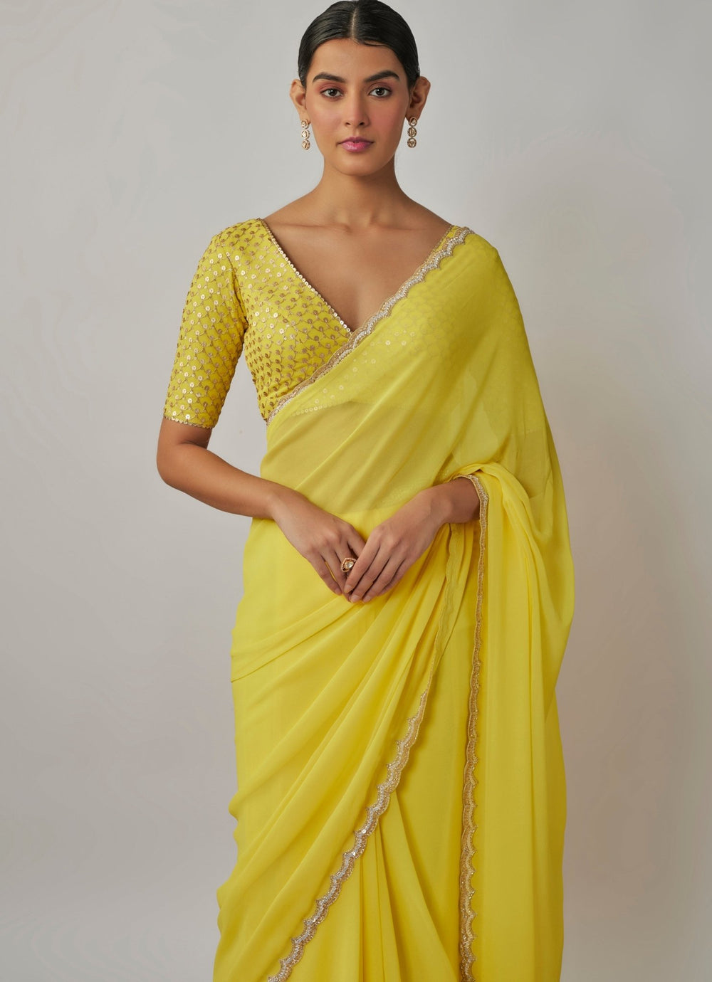 Yellow And Gold Sequin Embroidered Georgette Saree Set Renee Label - Fabilicious Fashion