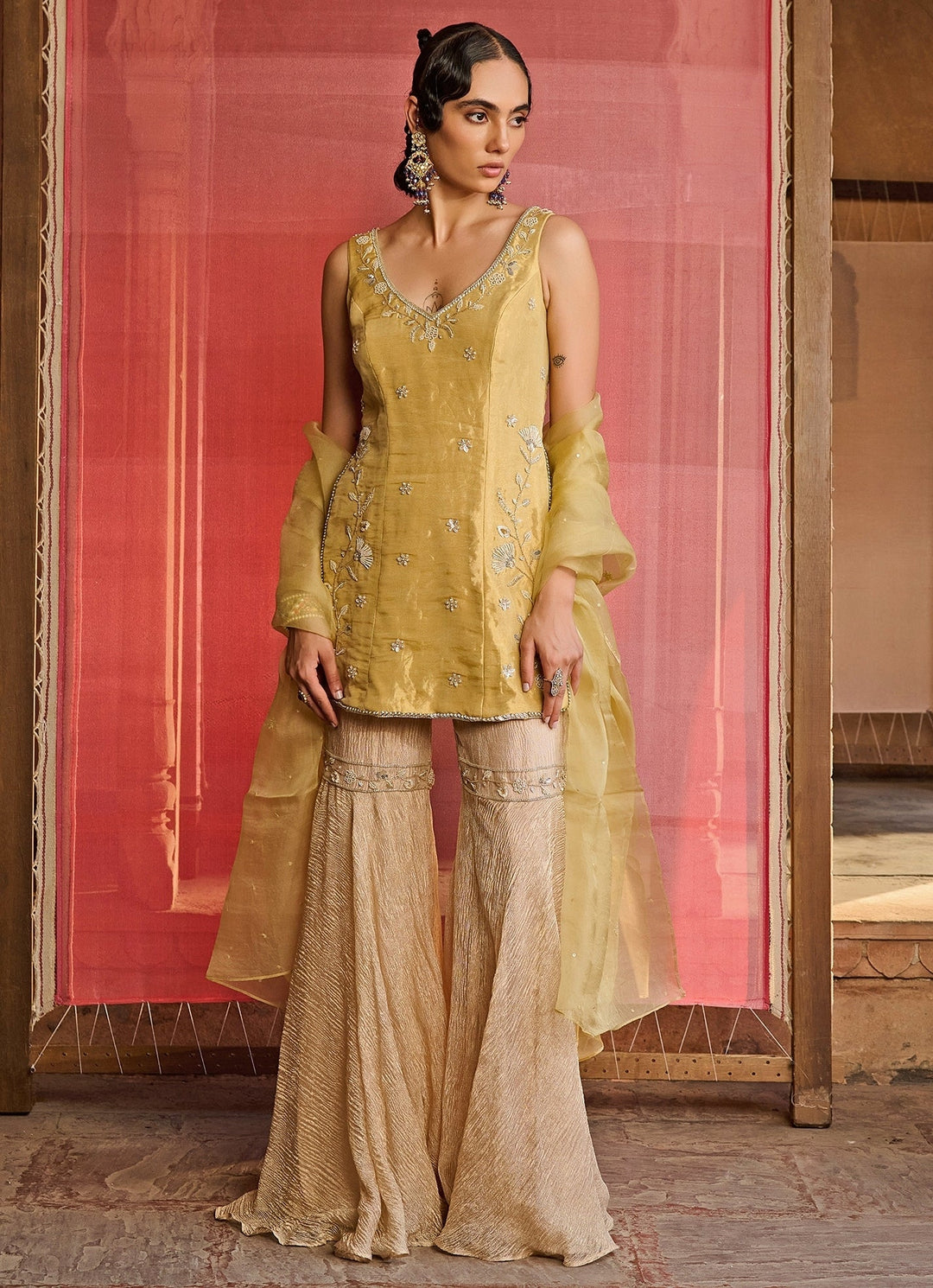 Yellow and Gold Tissue Kurta Sharara Set Zoon Tribe - Fabilicious Fashion