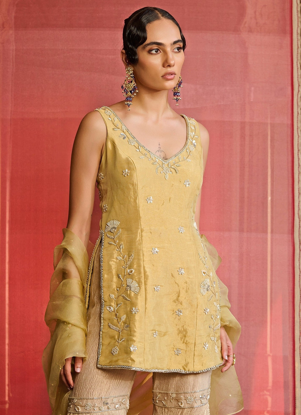 Yellow and Gold Tissue Kurta Sharara Set Zoon Tribe - Fabilicious Fashion
