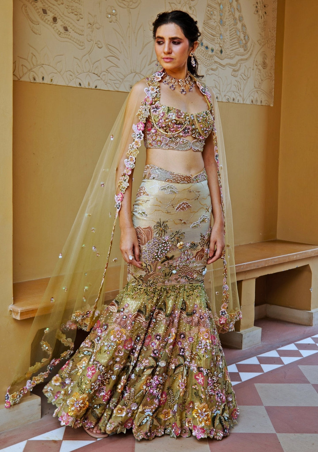 Yellow And Green Ombre Embroidered Mermaid Lehenga Moledro - Fabilicious Fashion