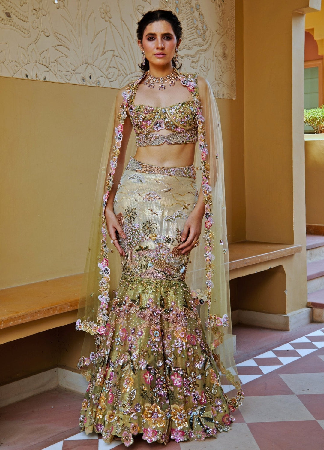 Yellow And Green Ombre Embroidered Mermaid Lehenga Moledro - Fabilicious Fashion