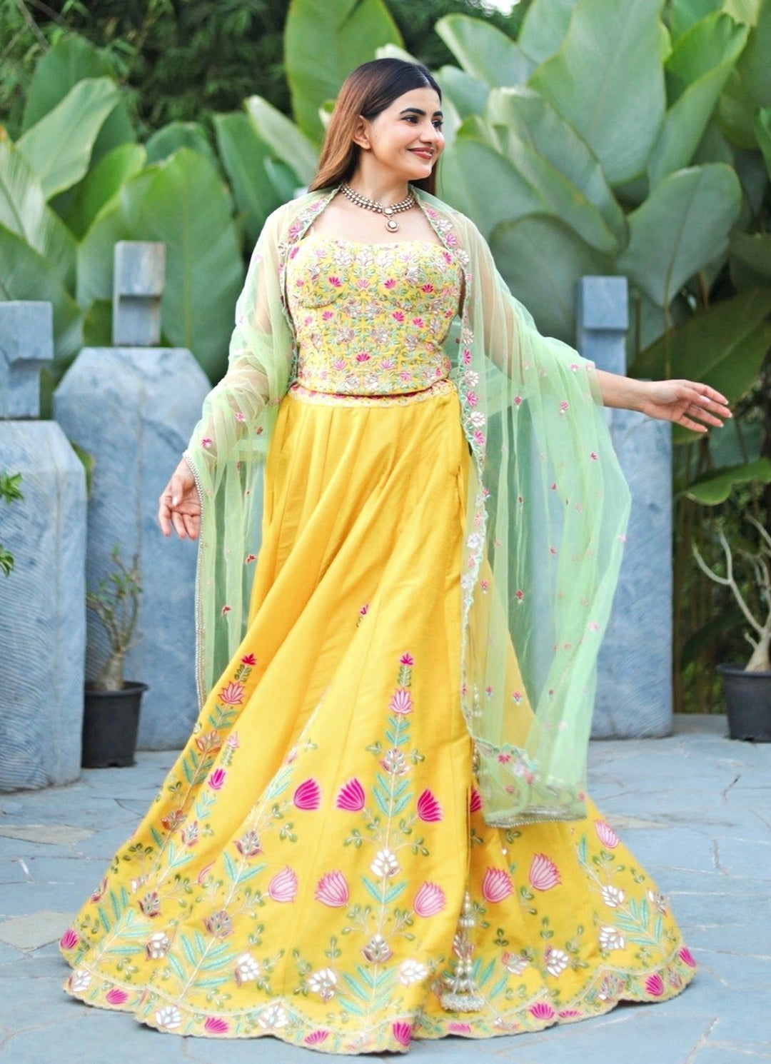 Yellow And Green Silk Embroidered Lehenga Chamee and Palak - Fabilicious Fashion