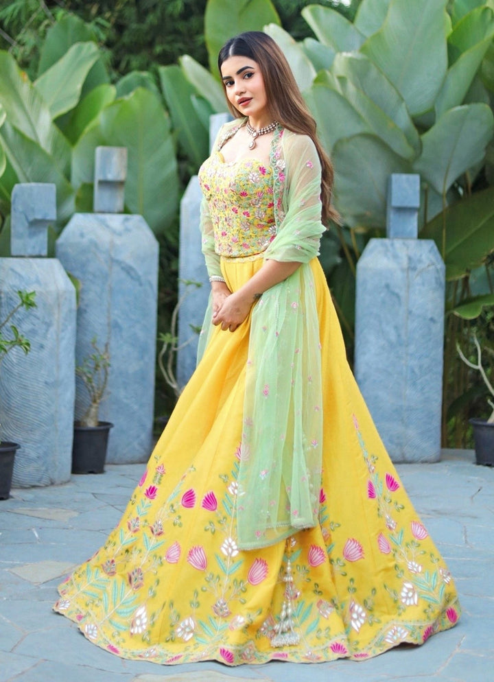 Yellow And Green Silk Embroidered Lehenga Chamee and Palak - Fabilicious Fashion