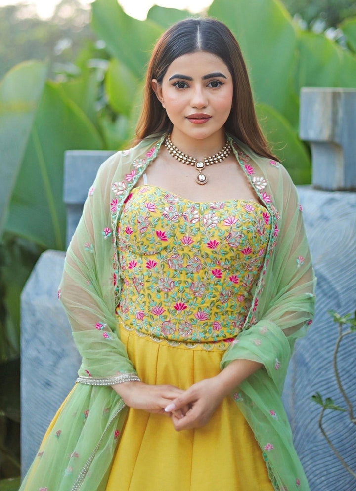 Yellow And Green Silk Embroidered Lehenga Chamee and Palak - Fabilicious Fashion