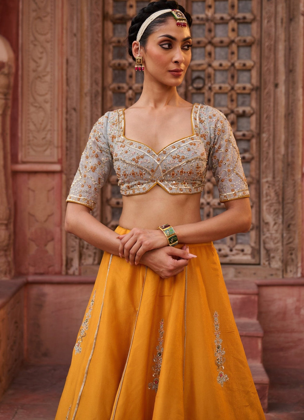 Yellow And Grey Tissue Lehenga Set KAPDA DORI - Fabilicious Fashion