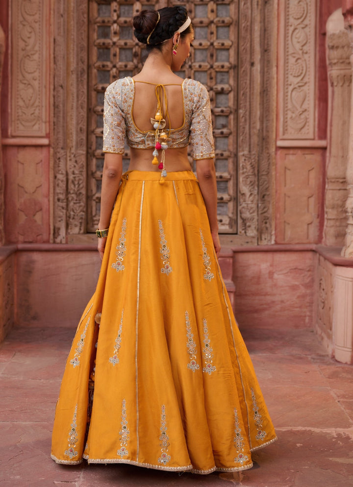 Yellow And Grey Tissue Lehenga Set KAPDA DORI - Fabilicious Fashion