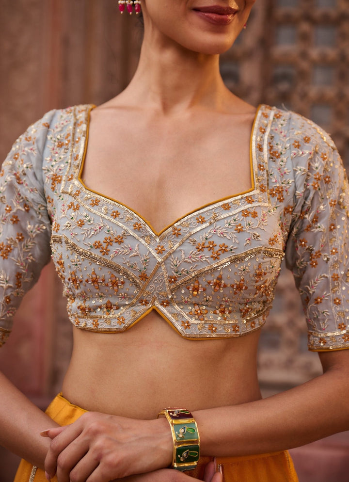 Yellow And Grey Tissue Lehenga Set KAPDA DORI - Fabilicious Fashion