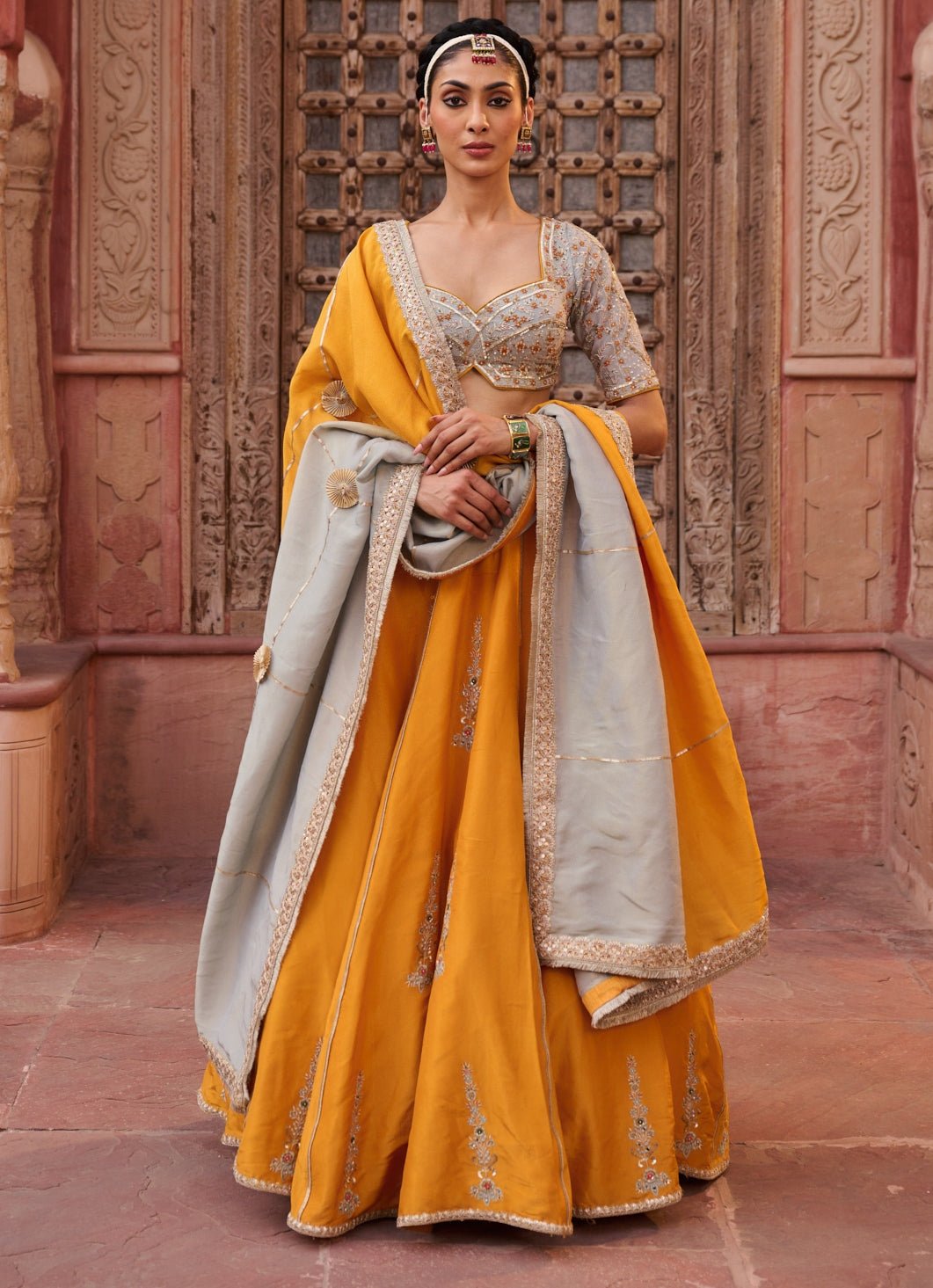 Yellow And Grey Tissue Lehenga Set KAPDA DORI - Fabilicious Fashion