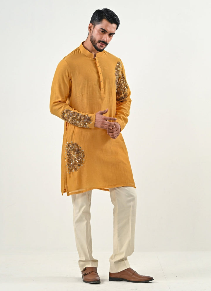 Yellow and Ivory Embroidered Chanderi Kurta Set Juhi Bengani - Men - Fabilicious Fashion