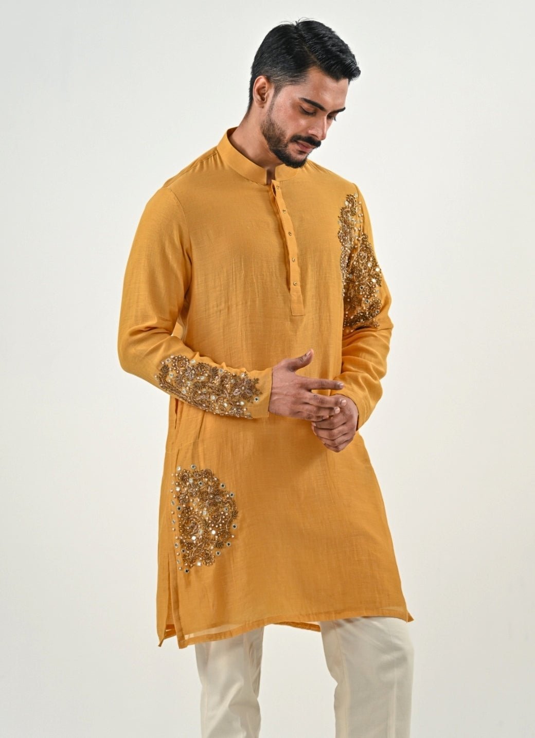 Yellow and Ivory Embroidered Chanderi Kurta Set Juhi Bengani - Men - Fabilicious Fashion