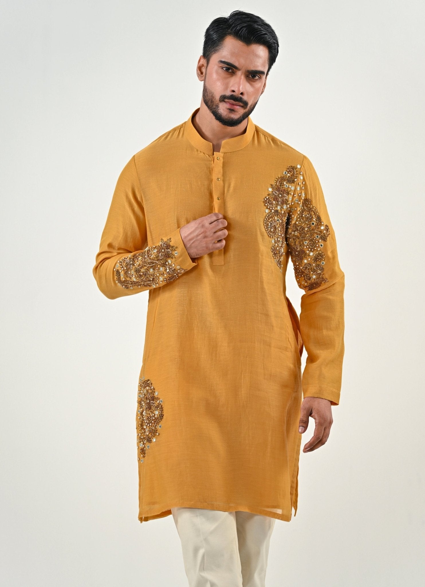 Yellow embroidered chanderi kurta set — lightweight Eid styles for men