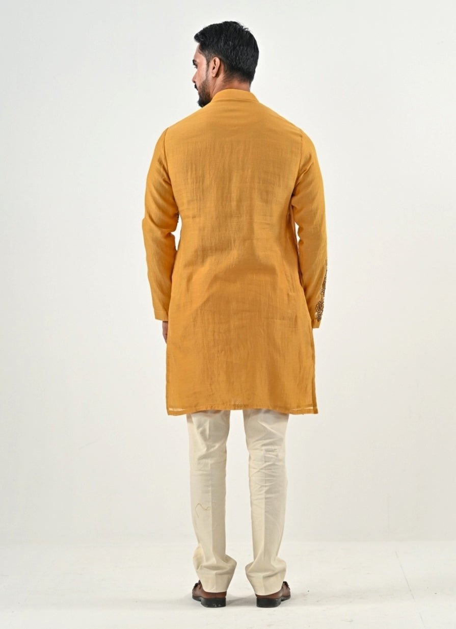 Yellow and Ivory Embroidered Chanderi Kurta Set Juhi Bengani - Men - Fabilicious Fashion