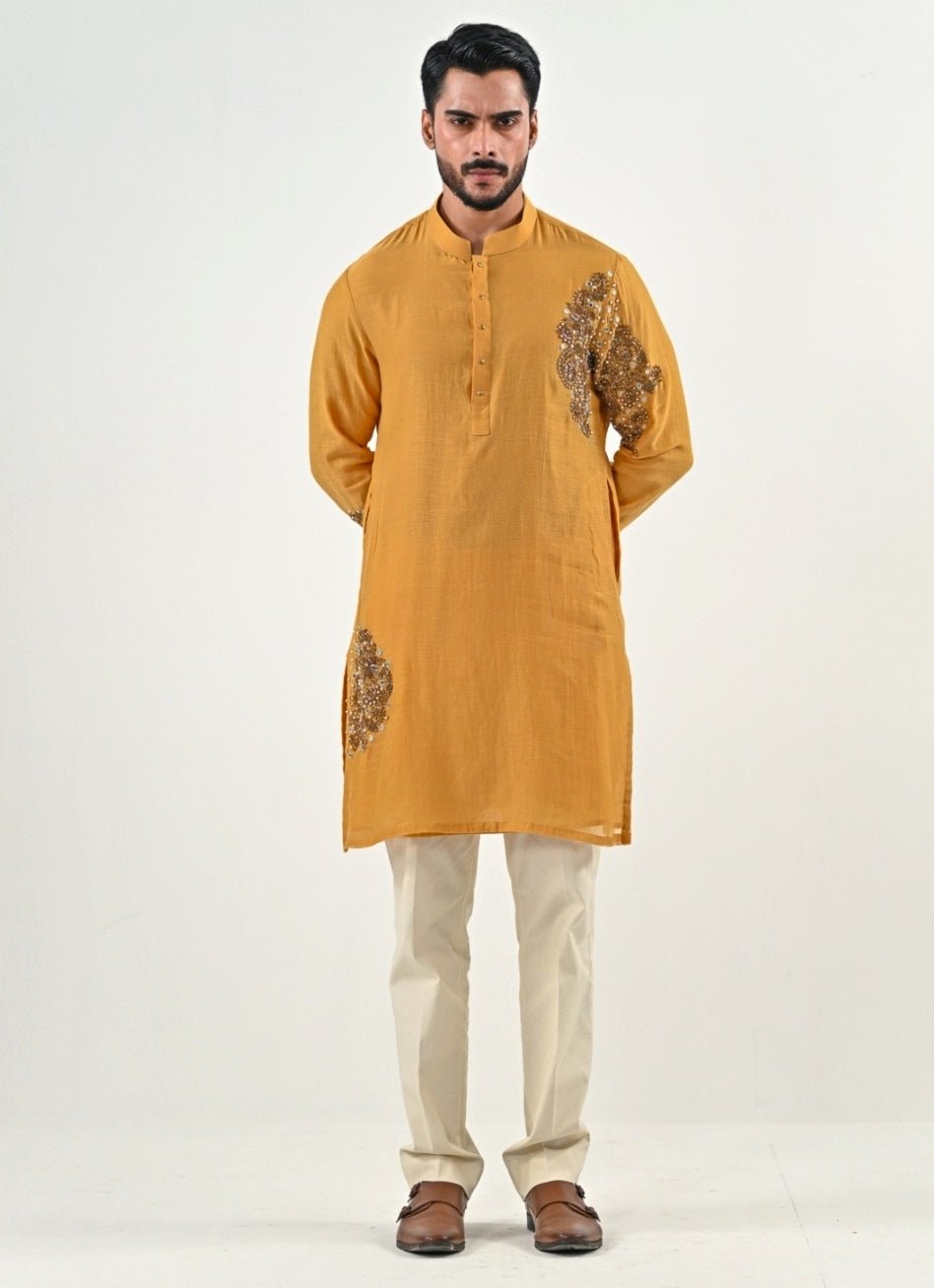 Yellow and Ivory Embroidered Chanderi Kurta Set Juhi Bengani - Men - Fabilicious Fashion
