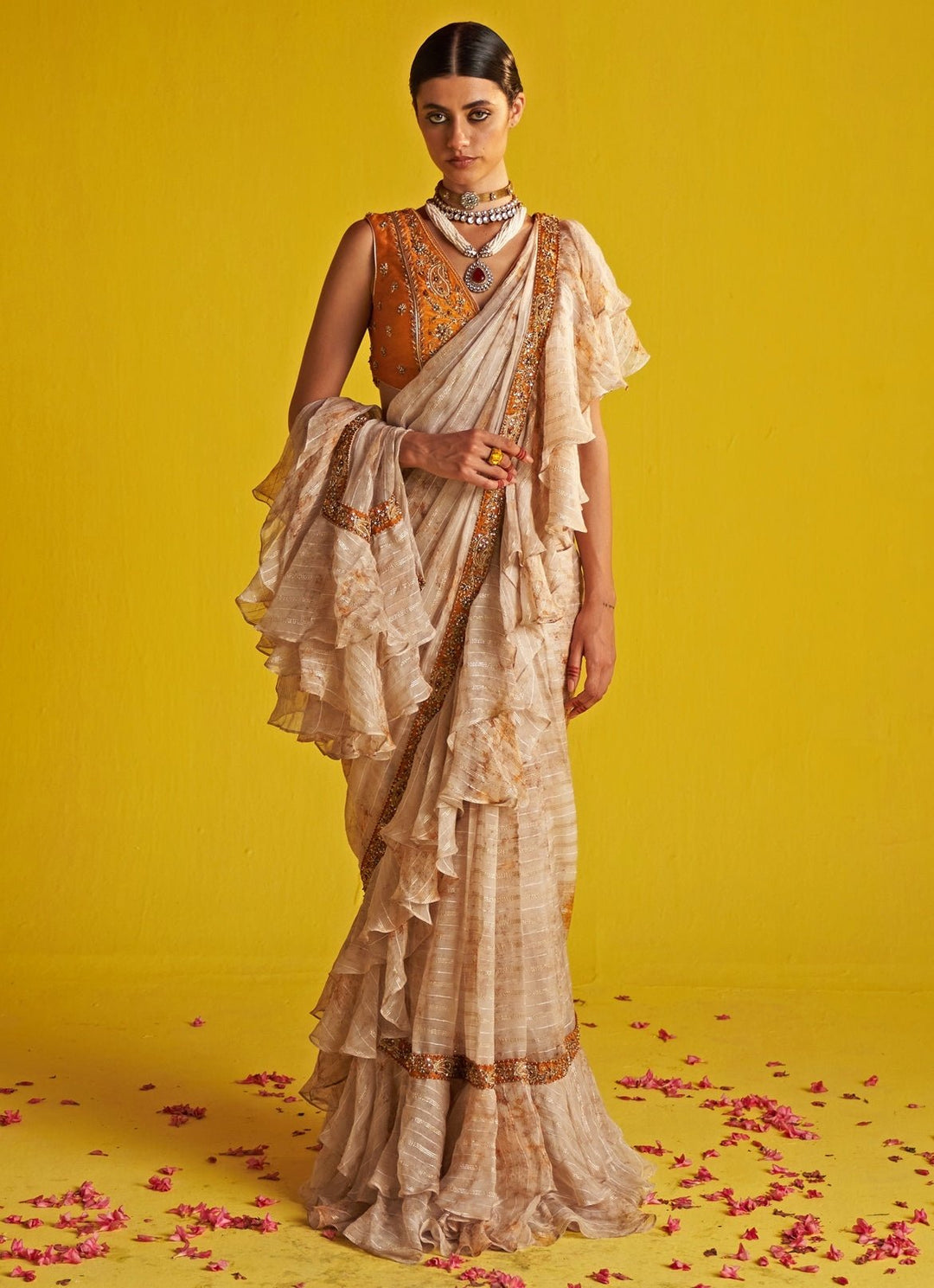 Yellow And Ivory Embroidered Georgette Ruffle Saree Studio Bagechaa - Fabilicious Fashion
