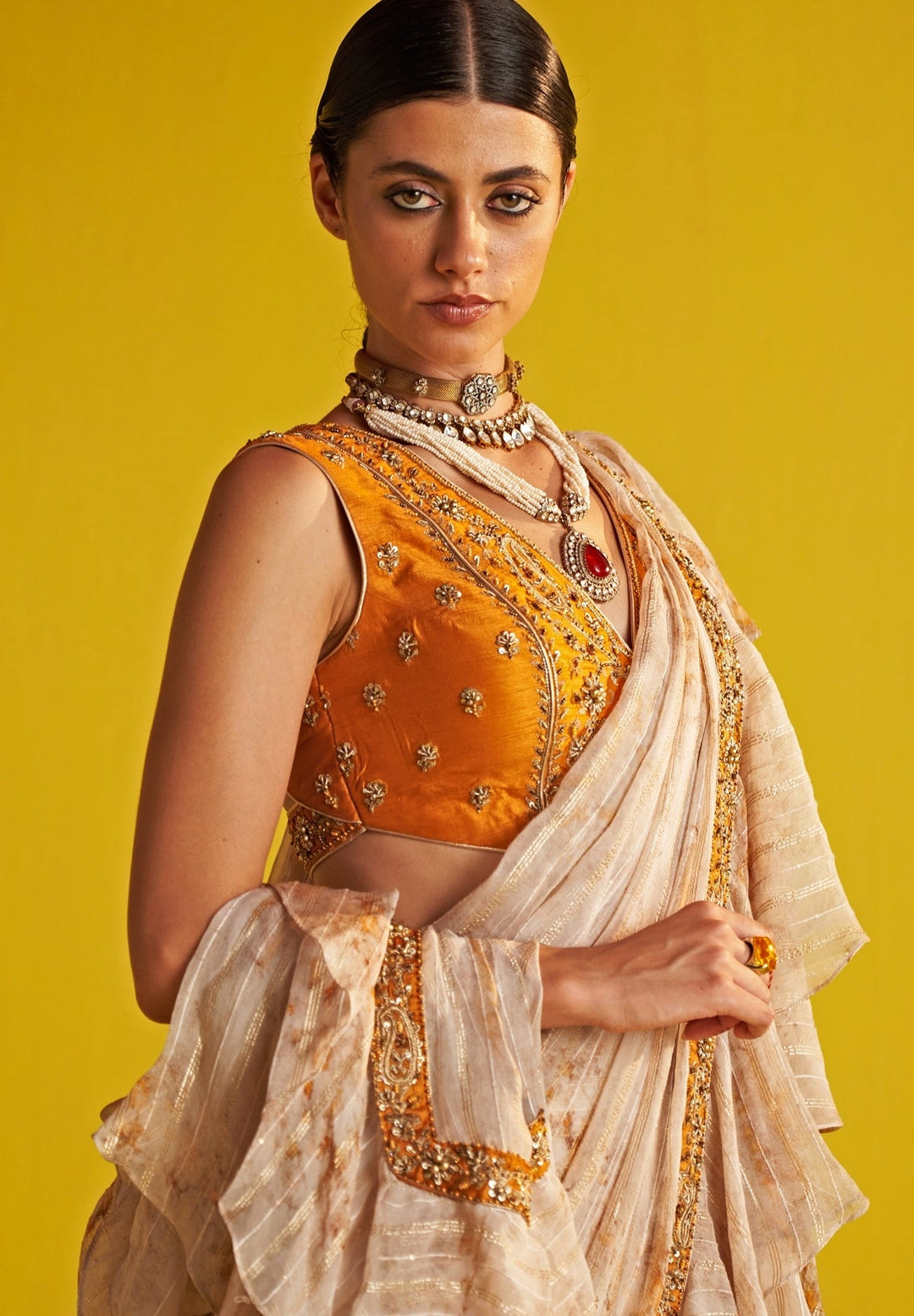 Yellow And Ivory Embroidered Georgette Ruffle Saree Studio Bagechaa - Fabilicious Fashion