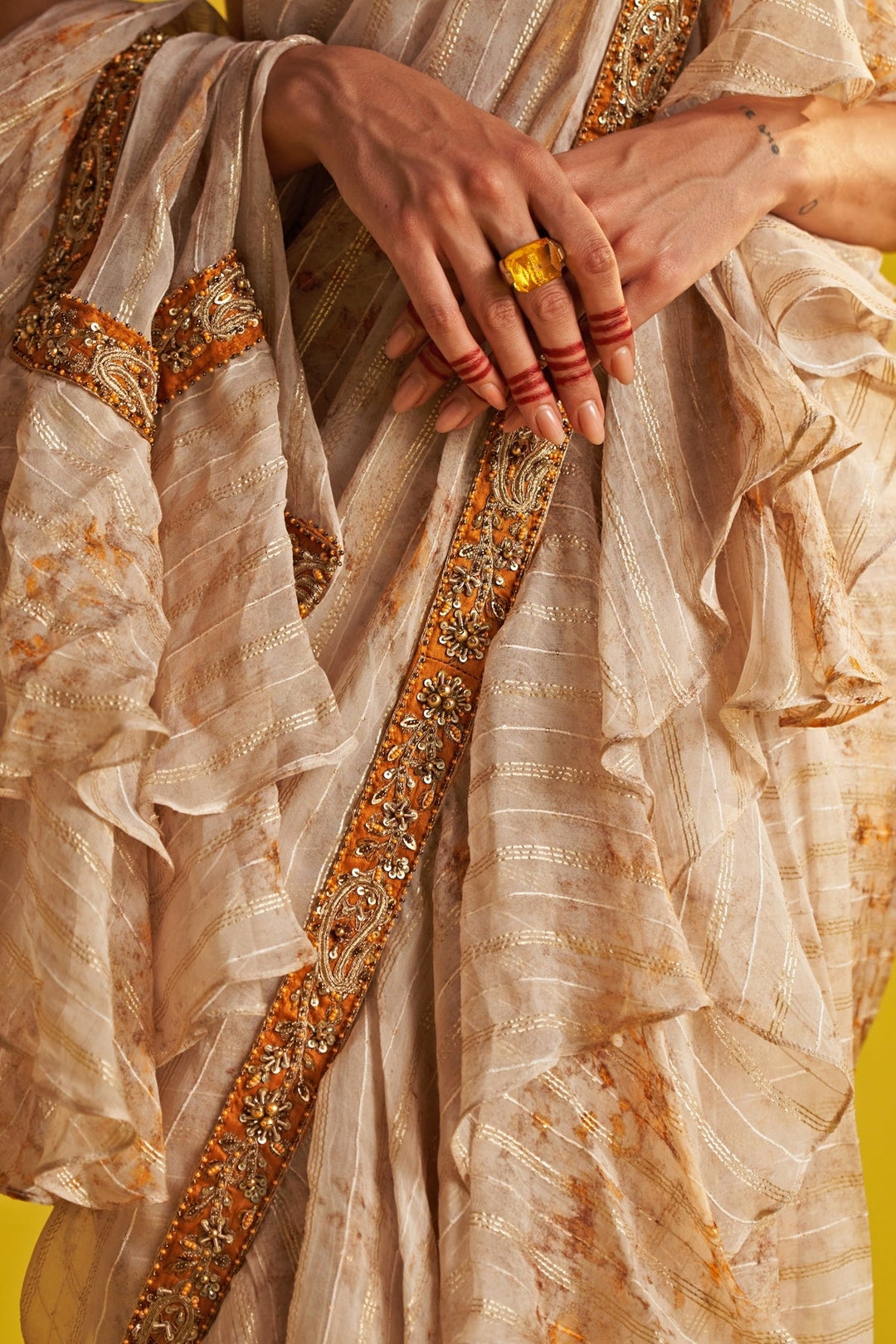 Yellow And Ivory Embroidered Georgette Ruffle Saree Studio Bagechaa - Fabilicious Fashion