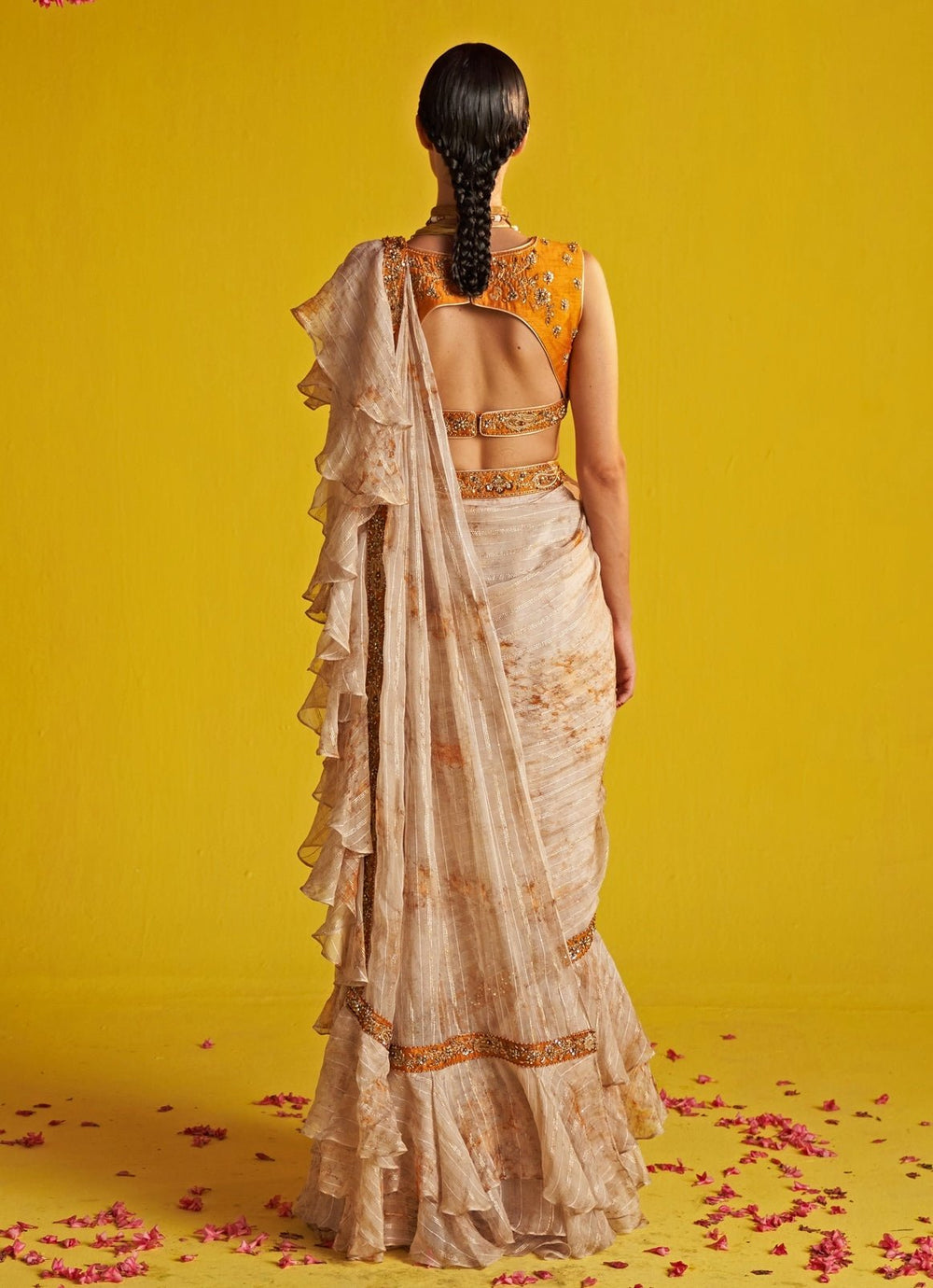 Yellow And Ivory Embroidered Georgette Ruffle Saree Studio Bagechaa - Fabilicious Fashion