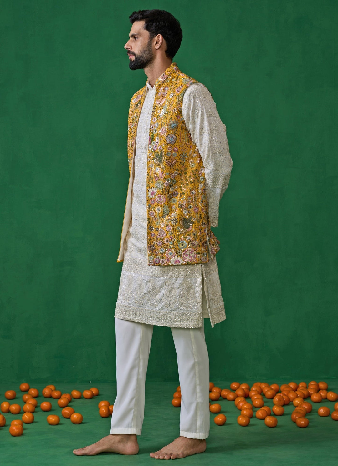 Yellow And Ivory Floral Embroidered Georgette Kurta Jacket Set Kalpraag - Fabilicious Fashion