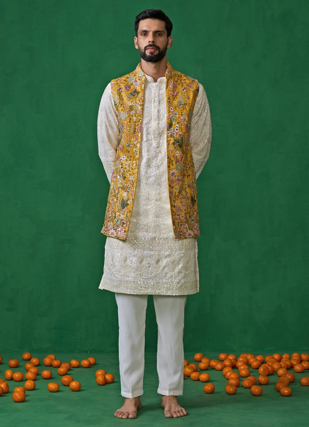Yellow And Ivory Floral Embroidered Georgette Kurta Jacket Set Kalpraag - Fabilicious Fashion