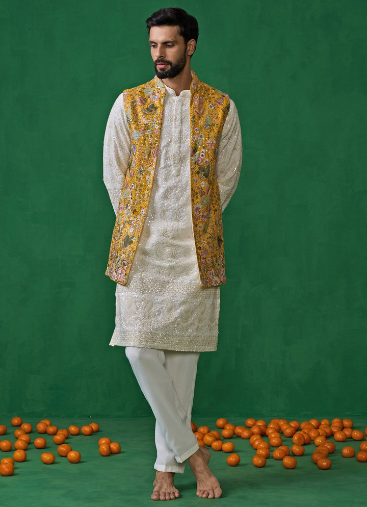 Yellow And Ivory Floral Embroidered Georgette Kurta Jacket Set Kalpraag - Fabilicious Fashion
