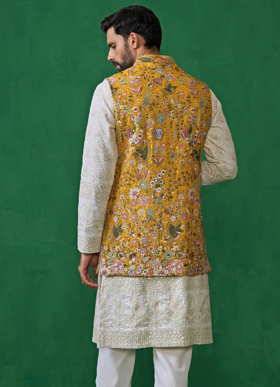 Yellow And Ivory Floral Embroidered Georgette Kurta Jacket Set Kalpraag - Fabilicious Fashion