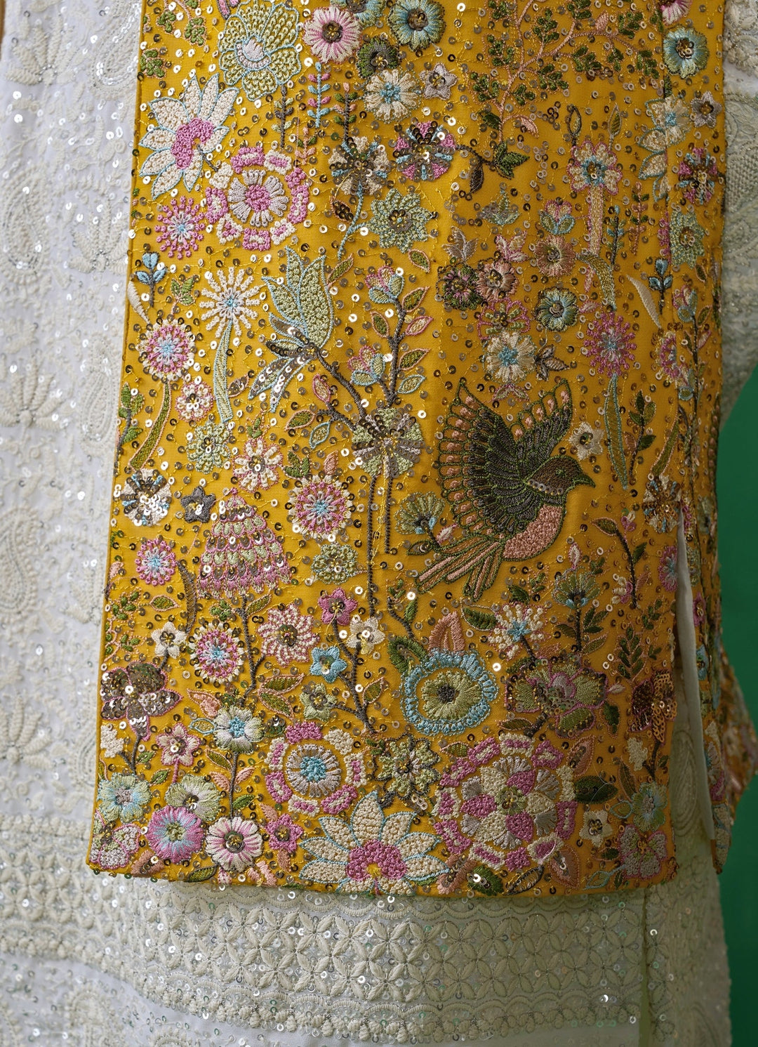 Yellow And Ivory Floral Embroidered Georgette Kurta Jacket Set Kalpraag - Fabilicious Fashion