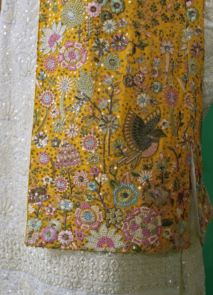 Yellow And Ivory Floral Embroidered Georgette Kurta Jacket Set Kalpraag - Fabilicious Fashion