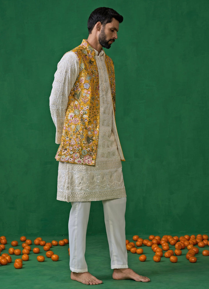 Yellow And Ivory Floral Embroidered Georgette Kurta Jacket Set Kalpraag - Fabilicious Fashion