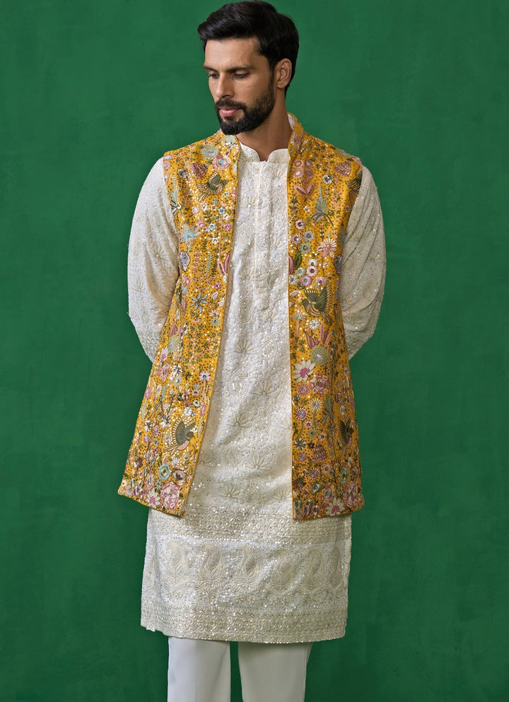 Yellow And Ivory Floral Embroidered Georgette Kurta Jacket Set Kalpraag - Fabilicious Fashion