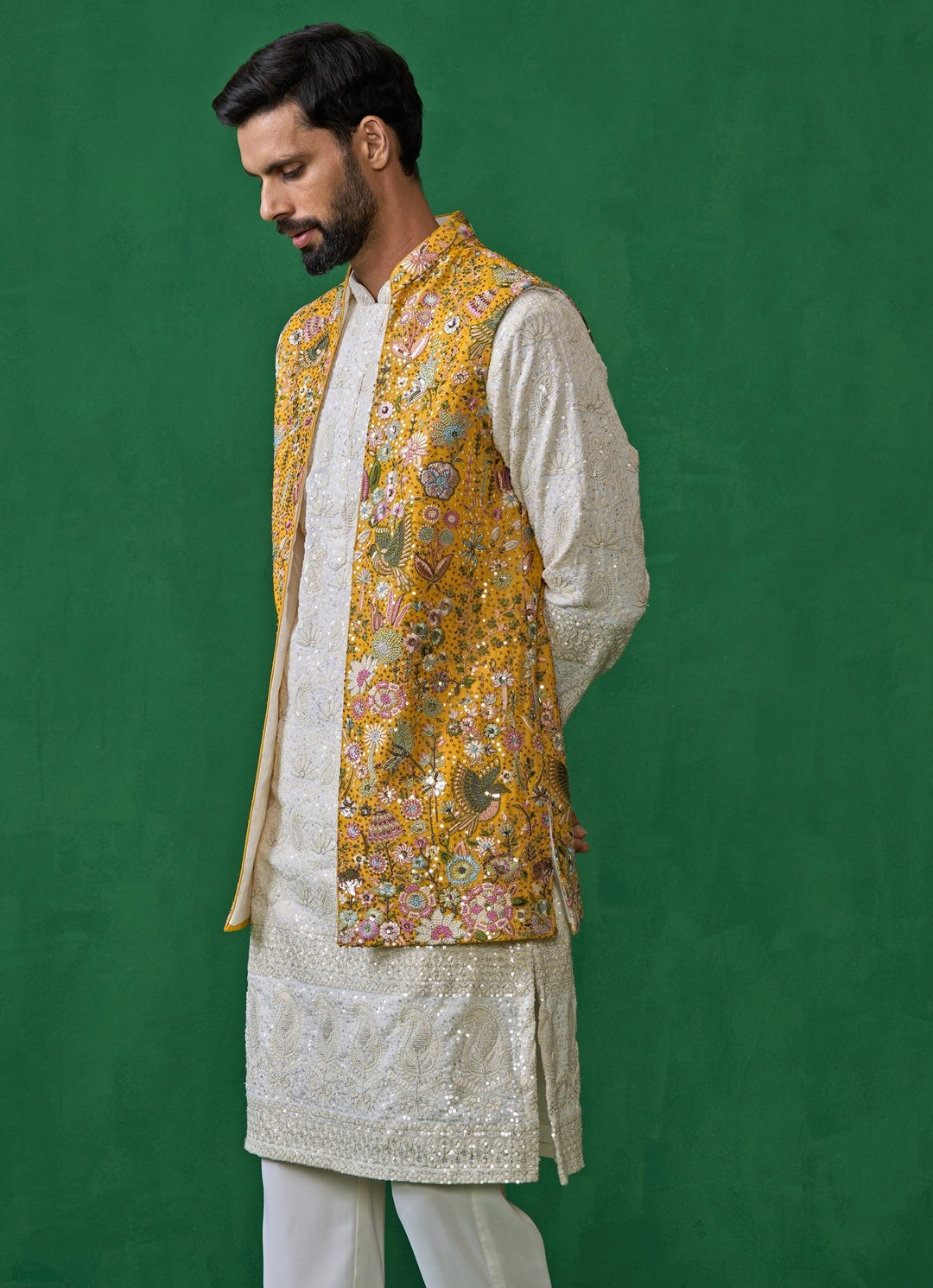 Yellow And Ivory Floral Embroidered Georgette Kurta Jacket Set Kalpraag - Fabilicious Fashion